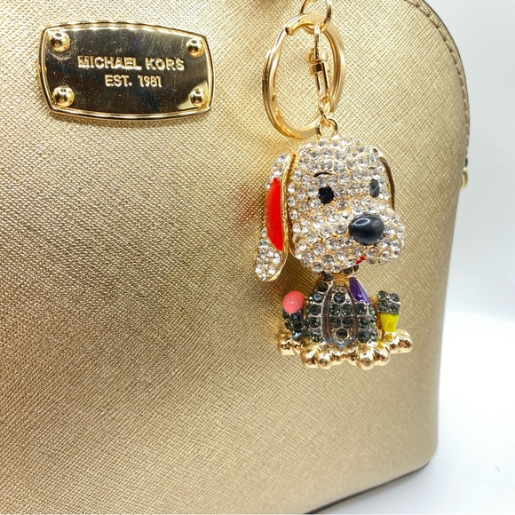 🐶 Puppy Dog Black & White Rhinestone Crystal Bag Charm Keychain Gold-Tone - Picture 5 of 9